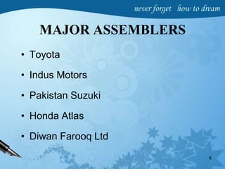 MAJOR ASSEMBLERS
• Toyota
• Indus Motors
• Pakistan Suzuki
• Honda Atlas
• Diwan Farooq Ltd
8
 