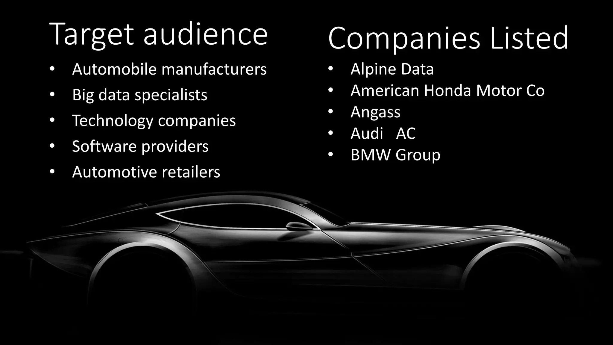 Target audience
• Automobile manufacturers
• Big data specialists
• Technology companies
• Software providers
• Automotive retailers
Companies Listed
• Alpine Data
• American Honda Motor Co
• Angass
• Audi AC
• BMW Group
 