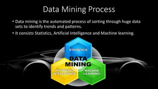 Data Mining Process
• Data mining is the automated process of sorting through huge data
sets to identify trends and patterns.
• It consists Statistics, Artificial Intelligence and Machine learning.
 