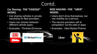 Contd.
Car Sharing - THE ”CAR2GO”
MODEL
• Car sharing vehicles in private
ownership or fleet providers.
• Users can choose between
different vehicle types.
• Examples : Flinkster,Drivenow
RIDE HAILING –THE “UBER”
MODEL
• Users don’t drive themselves, but
use mobility as a service.
• The service providers will at
competition via the web or apps
• Examples : Uber,Mytaxi,Pickme
 