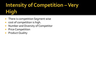  There is competition Segment wise
 cost of competition is high.
 Number and Diversity of Competitor
 Price Competition
 Product Quality
 