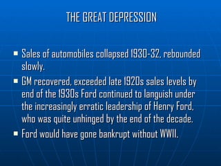 THE GREAT DEPRESSION Sales of automobiles collapsed 1930-32, rebounded slowly. GM recovered, exceeded late 1920s sales levels by end of the 1930s Ford continued to languish under the increasingly erratic leadership of Henry Ford, who was quite unhinged by the end of the decade. Ford would have gone bankrupt without WWII. 