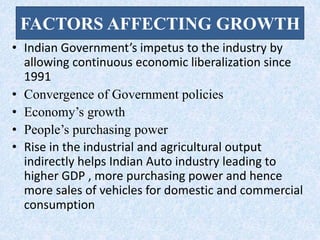 FACTORS AFFECTING GROWTH
• Indian Government’s impetus to the industry by
allowing continuous economic liberalization since
1991
• Convergence of Government policies
• Economy’s growth
• People’s purchasing power
• Rise in the industrial and agricultural output
indirectly helps Indian Auto industry leading to
higher GDP , more purchasing power and hence
more sales of vehicles for domestic and commercial
consumption
 