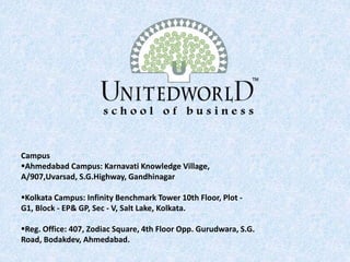 Campus
Ahmedabad Campus: Karnavati Knowledge Village,
A/907,Uvarsad, S.G.Highway, Gandhinagar
Kolkata Campus: Infinity Benchmark Tower 10th Floor, Plot -
G1, Block - EP& GP, Sec - V, Salt Lake, Kolkata.
Reg. Office: 407, Zodiac Square, 4th Floor Opp. Gurudwara, S.G.
Road, Bodakdev, Ahmedabad.
 