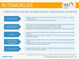 Auto Policy 2002
• Automatic approval for foreign equity investment up to 100 per cent; no minimum
investment criteria
• Encourage R&D by offering rebates on R&D expenditure
Automotive Mission
Plan (AMP) 2006–16
• AMP’s vision is to make India a preferred destination for designing and manufacturing of
automobiles and achieve a market size of USD154 billion by 2016
• Setting up of a technology modernisation fund focussed on SMEs
• Establishment of automotive training institutes, auto design centres and special auto parks
NATRiPs
• Set up at a total cost of USD388.5 million to enable the industry to be on par with global
standards
• Nine R&D centres of excellence with focus on low-cost manufacturing and product
development solutions
Dept. of Heavy
Industries & Public
Enterprises
• Worked towards reduction of excise duty on small cars and increase budgetary allocation
for R&D
• Weighted increase in R&D expenditure to 200 per cent from 150 per cent (in-house) and
175 per cent from 125 per cent (outsourced)
Notes: SME – Small and Medium Enterprises, R&D - Research and Development, NATRiP – National Automotive Testing and R&D
Infrastructure Project, AMP - Automotive Mission, JNNURM - Jawaharlal Nehru National Urban Renewal Mission
Union Budget FY14
• Proposal to allocate USD2.7 billion for JNNURM to bolster sales volumes of Medium and
Heavy Commercial Vehicles (MHCV)
 