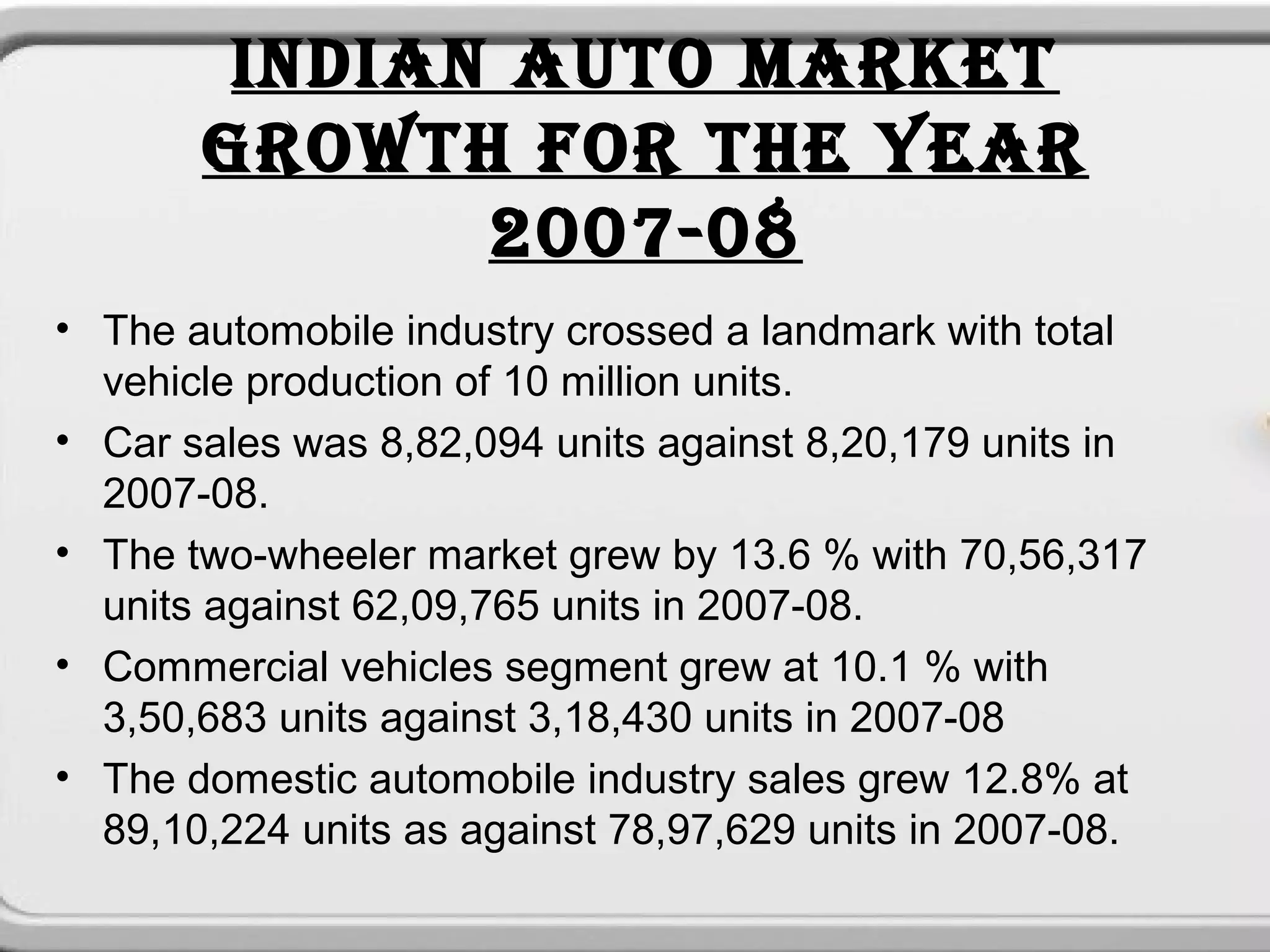 INDIAN AUTO MARKET
       GROWTH FOR THE YEAR
              2007-08
• The automobile industry crossed a landmark with total
  vehicle production of 10 million units.
• Car sales was 8,82,094 units against 8,20,179 units in
  2007-08.
• The two-wheeler market grew by 13.6 % with 70,56,317
  units against 62,09,765 units in 2007-08.
• Commercial vehicles segment grew at 10.1 % with
  3,50,683 units against 3,18,430 units in 2007-08
• The domestic automobile industry sales grew 12.8% at
  89,10,224 units as against 78,97,629 units in 2007-08.
 