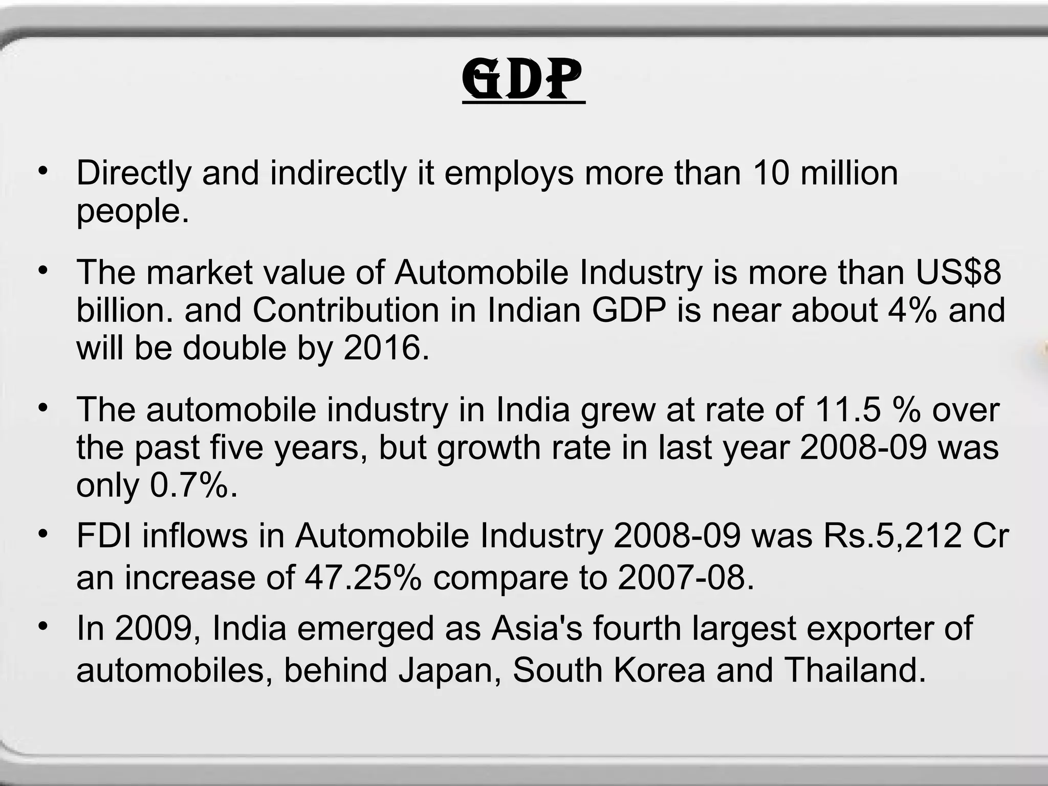 GDP
• Directly and indirectly it employs more than 10 million
  people.
• The market value of Automobile Industry is more than US$8
  billion. and Contribution in Indian GDP is near about 4% and
  will be double by 2016.
• The automobile industry in India grew at rate of 11.5 % over
  the past five years, but growth rate in last year 2008-09 was
  only 0.7%.
• FDI inflows in Automobile Industry 2008-09 was Rs.5,212 Cr
  an increase of 47.25% compare to 2007-08.
• In 2009, India emerged as Asia's fourth largest exporter of
  automobiles, behind Japan, South Korea and Thailand.
 