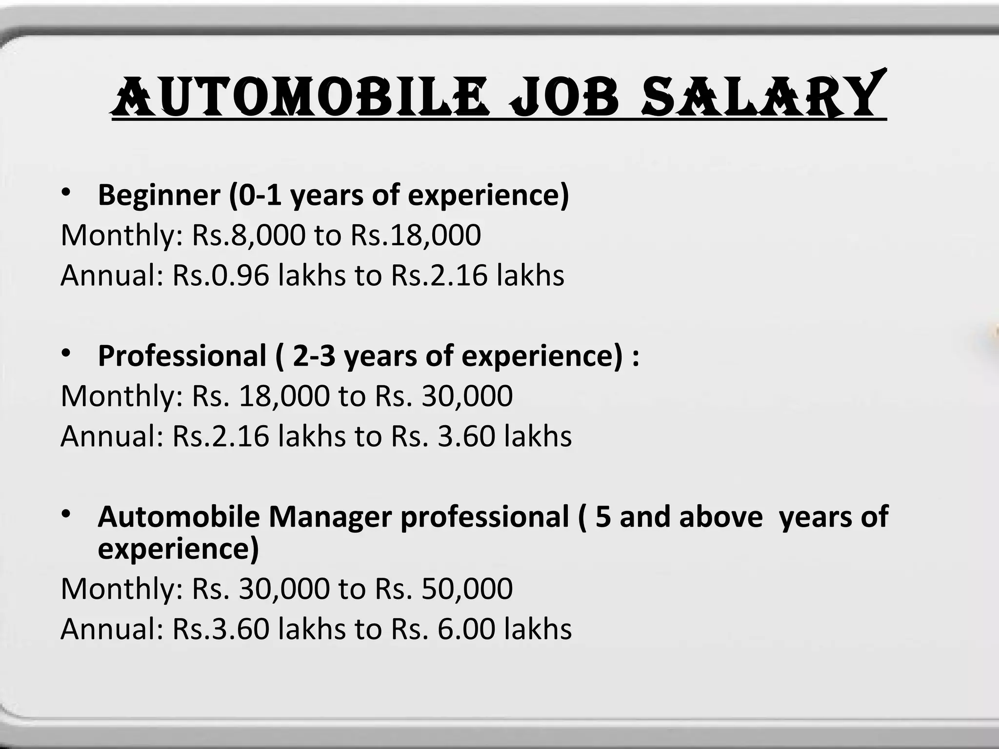 AUTOMOBILE JOB SALARY
• Beginner (0-1 years of experience)
Monthly: Rs.8,000 to Rs.18,000
Annual: Rs.0.96 lakhs to Rs.2.16 lakhs

• Professional ( 2-3 years of experience) : 
Monthly: Rs. 18,000 to Rs. 30,000
Annual: Rs.2.16 lakhs to Rs. 3.60 lakhs

• Automobile Manager professional ( 5 and above  years of 
  experience)
Monthly: Rs. 30,000 to Rs. 50,000
Annual: Rs.3.60 lakhs to Rs. 6.00 lakhs
 