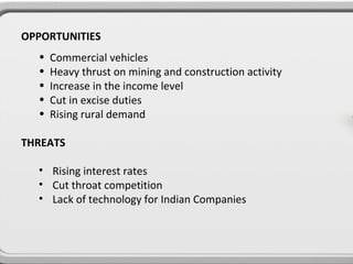 OPPORTUNITIES
  •   Commercial vehicles
  •   Heavy thrust on mining and construction activity
  •   Increase in the income level
  •   Cut in excise duties
  •   Rising rural demand

THREATS

  • Rising interest rates
  • Cut throat competition
  • Lack of technology for Indian Companies
 