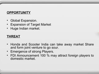 OPPORTUNITY

• Global Expansion.
• Expansion of Target Market
• Huge Indian market.

THREAT

• Honda and Scooter India can take away market Share
  and form joint venture to go sour.
• Emergence of strong Players.
• FDI Announcement 100 % may attract foreign players to
  domestic market.
 