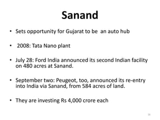Sanand
• Sets opportunity for Gujarat to be an auto hub
• 2008: Tata Nano plant
• July 28: Ford India announced its second Indian facility
on 480 acres at Sanand.
• September two: Peugeot, too, announced its re-entry
into India via Sanand, from 584 acres of land.
• They are investing Rs 4,000 crore each
16
 