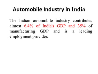 Automobile Industry in India
The Indian automobile industry contributes
almost 6.4% of India's GDP and 35% of
manufacturin...