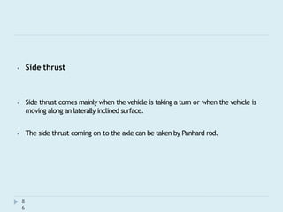 ⦁ Side thrust
8
6
⦁ Side thrust comes mainly when the vehicle is taking a turn or when the vehicle is
moving along an laterally inclined surface.
⦁ The side thrust coming on to the axle can be taken by Panhard rod.
 