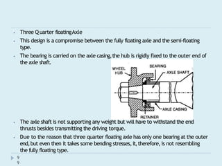 ⦁ Three Quarter floatingAxle
⦁ This design is a compromise between the fully floating axle and the semi-floating
type.
⦁ The bearing is carried on the axle casing,the hub is rigidly fixed to the outer end of
the axle shaft.
⦁ The axle shaft is not supporting any weight but will have to withstand the end
thrusts besides transmitting the driving torque.
⦁ Due to the reason that three quarter floating axle has only one bearing at the outer
end,but even then it takes some bending stresses,it,therefore,is not resembling
the fully floating type.
9
9
 