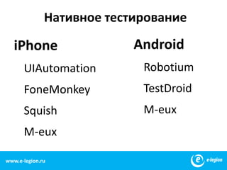 Нативное тестирование23AndroidRobotiumTestDroidM-euxiPhoneUIAutomationFoneMonkeySquishM-euxwww.e-legion.ru