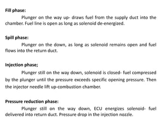 Fill phase:
Plunger on the way up- draws fuel from the supply duct into the
chamber. Fuel line is open as long as solenoid de-energized.
Spill phase:
Plunger on the down, as long as solenoid remains open and fuel
flows into the return duct.
Injection phase;
Plunger still on the way down, solenoid is closed- fuel compressed
by the plunger until the pressure exceeds specific opening pressure. Then
the injector needle lift up-combustion chamber.
Pressure reduction phase:
Plunger still on the way down, ECU energizes solenoid- fuel
delivered into return duct. Pressure drop in the injection nozzle.
 