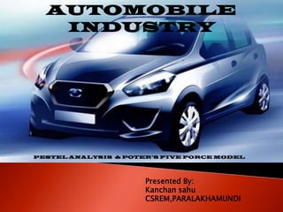 Presented By:
Kanchan sahu
CSREM,PARALAKHAMUNDI
AUTOMOBILE
INDUSTRY
PESTEL ANALYSIS & POTER’S FIVE FORCE MODEL
 