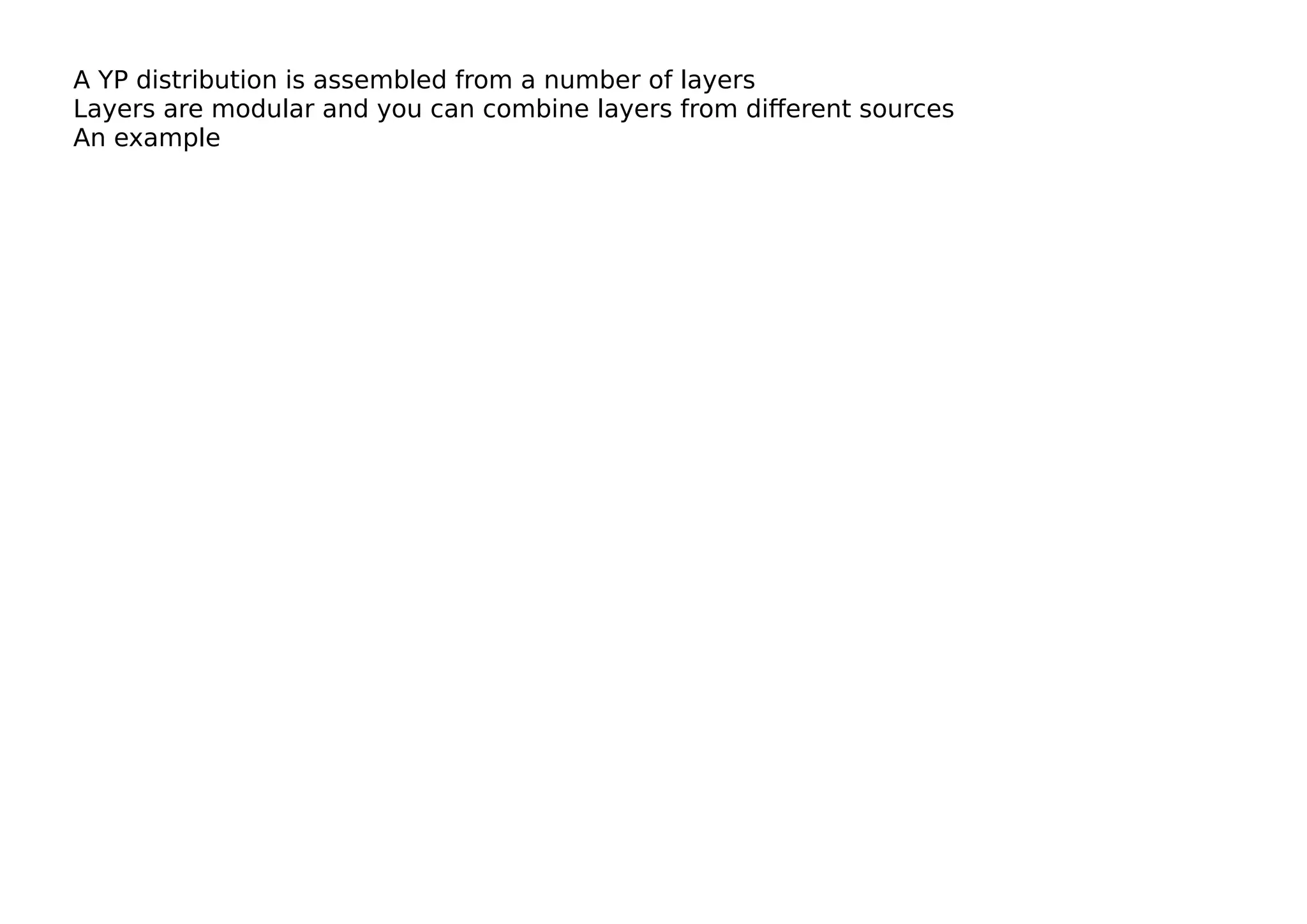 A YP distribution is assembled from a number of layers
Layers are modular and you can combine layers from diﬀerent sources
An example
 