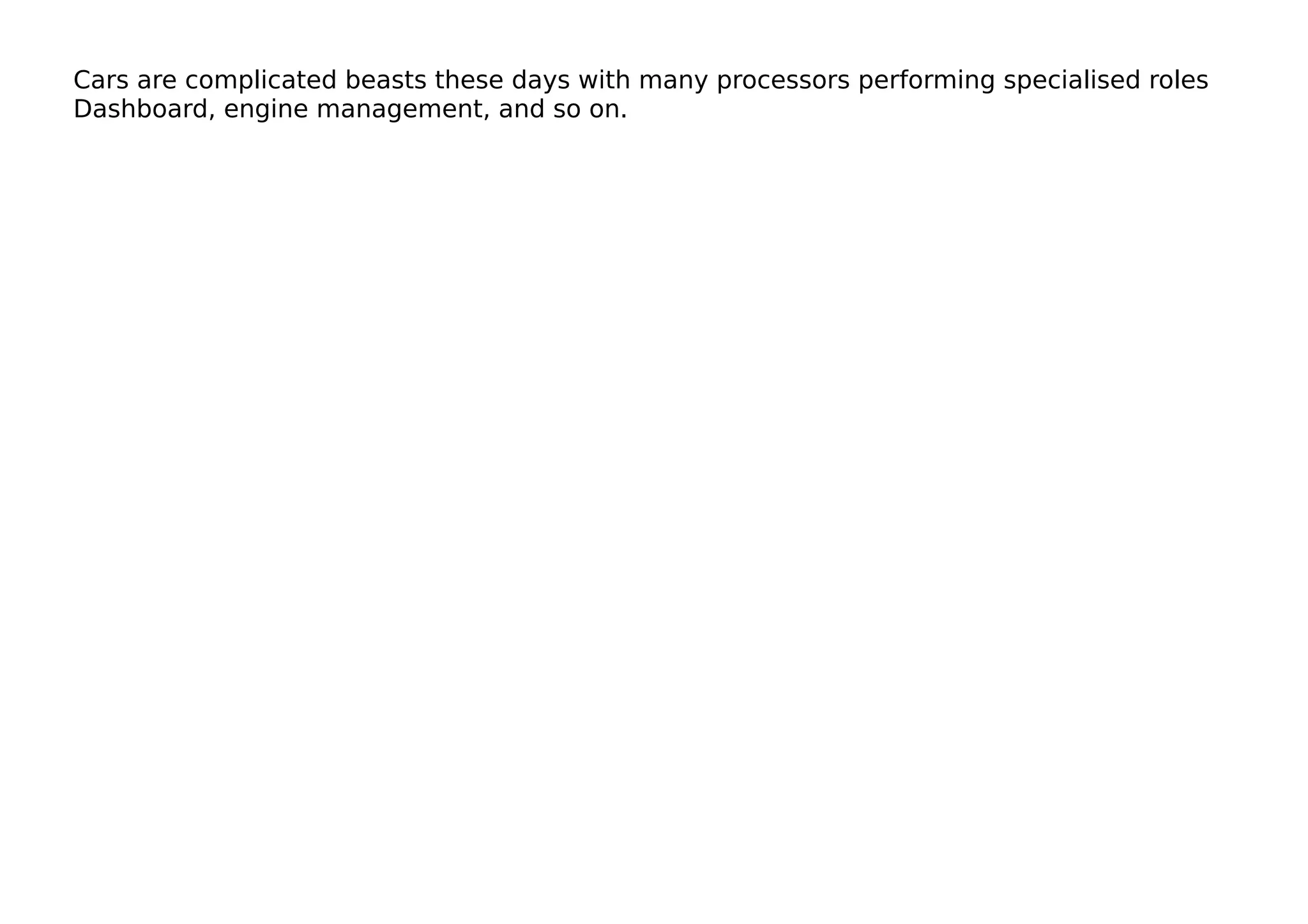 Cars are complicated beasts these days with many processors performing specialised roles
Dashboard, engine management, and so on.
 