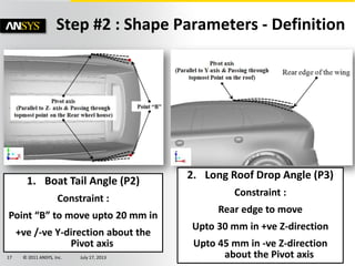 © 2011 ANSYS, Inc. July 17, 201317
Step #2 : Shape Parameters - Definition
1. Boat Tail Angle (P2)
Constraint :
Point “B” to move upto 20 mm in
+ve /-ve Y-direction about the
Pivot axis
2. Long Roof Drop Angle (P3)
Constraint :
Rear edge to move
Upto 30 mm in +ve Z-direction
Upto 45 mm in -ve Z-direction
about the Pivot axis
 