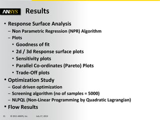 © 2011 ANSYS, Inc. July 17, 201331
• Response Surface Analysis
– Non Parametric Regression (NPR) Algorithm
– Plots
• Goodness of fit
• 2d / 3d Response surface plots
• Sensitivity plots
• Parallel Co-ordinates (Pareto) Plots
• Trade-Off plots
• Optimization Study
– Goal driven optimization
– Screening algorithm (no of samples = 5000)
– NLPQL (Non-Linear Programming by Quadratic Lagrangian)
• Flow Results
Results
 