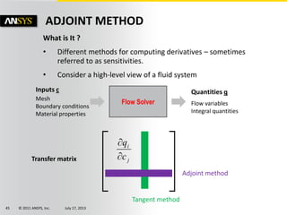 © 2011 ANSYS, Inc. July 17, 201345
What is It ?
• Different methods for computing derivatives – sometimes
referred to as sensitivities.
• Consider a high-level view of a fluid system
ADJOINT METHOD
Inputs c Quantities q
Flow Solver Flow variables
Integral quantities
Mesh
Boundary conditions
Material properties
Transfer matrix j
i
c
q
Tangent method
Adjoint method
 