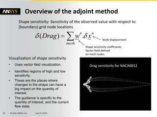 © 2011 ANSYS, Inc. July 17, 201347
Overview of the adjoint method
Shape sensitivity: Sensitivity of the observed value with respect to
(boundary) grid node locations
mesh
nn
xwDrag .)(
Shape sensitivity coefficients:
Vector field defined
on mesh nodes
Node displacement
Visualization of shape sensitivity
• Uses vector field visualization.
• Identifies regions of high and low
sensitivity.
• These are the places where
changes to the shape can have a
big impact on the quantity of
interest.
• The guidance is specific to the
quantity of interest, and the current
flow state.
Drag sensitivity for NACA0012
 