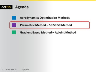 © 2011 ANSYS, Inc. July 17, 20135
Aerodynamics Optimization Methods
Parametric Method – 50:50:50 Method
Gradient Based Method – Adjoint Method
Agenda
 