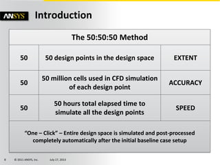 © 2011 ANSYS, Inc. July 17, 20138
Introduction
The 50:50:50 Method
50 50 design points in the design space EXTENT
50
50 million cells used in CFD simulation
of each design point
ACCURACY
50
50 hours total elapsed time to
simulate all the design points
SPEED
“One – Click” – Entire design space is simulated and post-processed
completely automatically after the initial baseline case setup
 