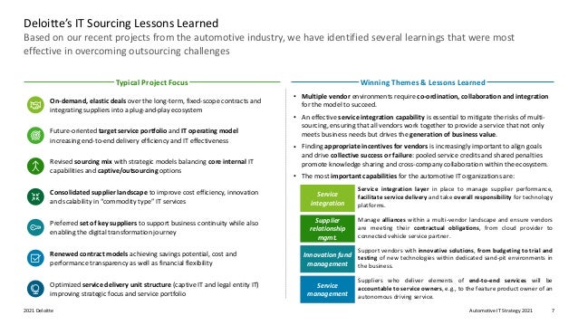 Automotive IT Strategy 2021
2021 Deloitte 7
Based on our recent projects from the automotive industry, we have identified several learnings that were most
effective in overcoming outsourcing challenges
Deloitte’s IT Sourcing Lessons Learned
• Multiple vendor environments require co-ordination, collaboration and integration
for the model to succeed.
• An effective service integration capability is essential to mitigate the risks of multi-
sourcing, ensuring that all vendors work together to provide a service that not only
meets business needs but drives the generation of business value.
• Finding appropriate incentives for vendors is increasingly important to align goals
and drive collective success or failure: pooled service credits and shared penalties
promote knowledge sharing and cross-company collaboration within the ecosystem.
• The most important capabilities for the automotive IT organizations are:
Service
integration
Service integration layer in place to manage supplier performance,
facilitate service delivery and take overall responsibility for technology
platforms.
Supplier
relationship
mgmt.
Manage alliances within a multi-vendor landscape and ensure vendors
are meeting their contractual obligations, from cloud provider to
connected vehicle service partner.
Innovation fund
management
Support vendors with innovative solutions, from budgeting to trial and
testing of new technologies within dedicated sand-pit environments in
the business.
Service
management
Suppliers who deliver elements of end-to-end services will be
accountable to service owners, e.g., to the feature product owner of an
autonomous driving service.
Revised sourcing mix with strategic models balancing core internal IT
capabilities and captive/outsourcing options
Typical Project Focus Winning Themes & Lessons Learned
On-demand, elastic deals over the long-term, fixed-scope contracts and
integrating suppliers into a plug-and-play ecosystem
Future-oriented target service portfolio and IT operating model
increasing end-to-end delivery efficiency and IT effectiveness
Optimized service delivery unit structure (captive IT and legal entity IT)
improving strategic focus and service portfolio
Renewed contract models achieving savings potential, cost and
performance transparency as well as financial flexibility
Consolidated supplier landscape to improve cost efficiency, innovation
and scalability in “commodity type” IT services
Preferred set of key suppliers to support business continuity while also
enabling the digital transformation journey
 