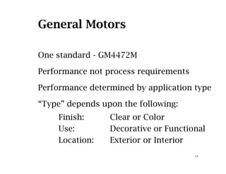 General Motors
One standard GM4472MOne standard - GM4472M
Performance not process requirements
Performance determined by application type
“Type” depends upon the following:
Finish: Clear or Colors C ea o Co o
Use: Decorative or Functional
Location: Exterior or Interior
11
Location: Exterior or Interior
 