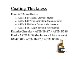 Coating Thickness
Four ASTM methods:
ASTM B244 Eddy Current MeterASTM B244 Eddy Current Meter
ASTM B487 Cross Section Measurement
ASTM B588 Interference Microscope
ASTM B681 Light-Section Microscope
DaimlerChrysler - ASTM B487 / ASTM B588
Ford - ASTM B659 (Includes all four above)
GM4260P - ASTM B487 / ASTM B588
17
 
