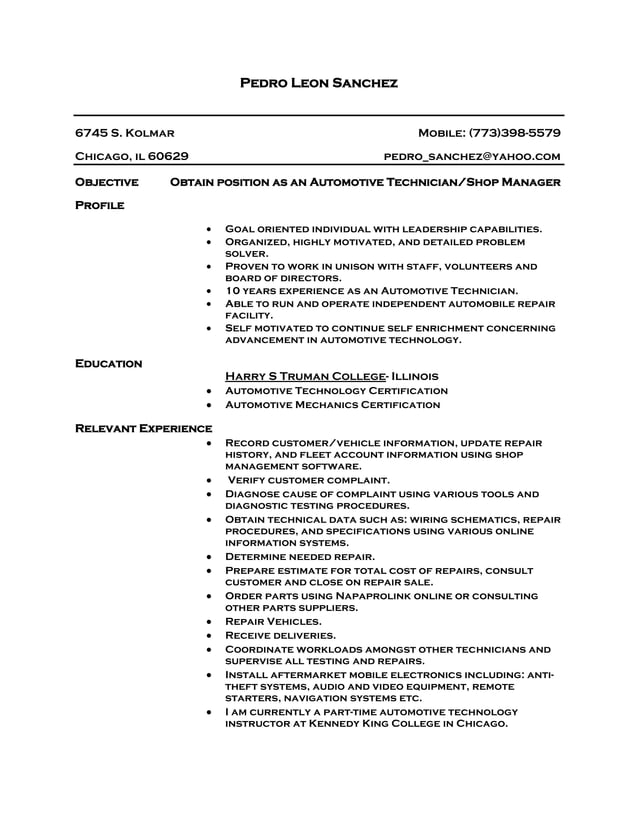 Automotive technician resume template DOCX