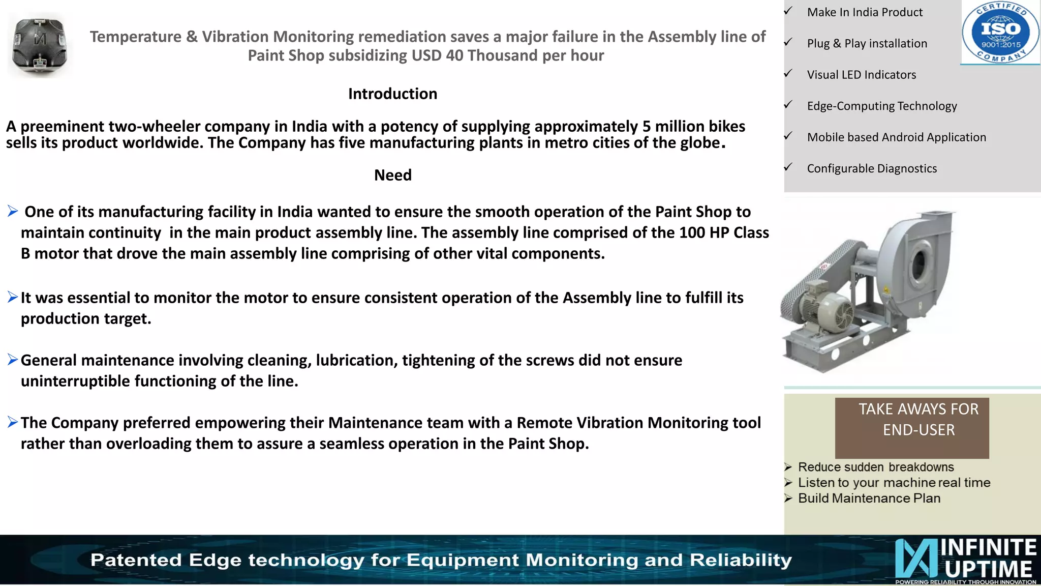 © SKF Group
Temperature & Vibration Monitoring remediation saves a major failure in the Assembly line of
Paint Shop subsidizing USD 40 Thousand per hour
TAKE AWAYS FOR
END-USER
✓ Make In India Product
✓ Plug & Play installation
✓ Visual LED Indicators
✓ Edge-Computing Technology
✓ Mobile based Android Application
✓ Configurable Diagnostics
Introduction
A preeminent two-wheeler company in India with a potency of supplying approximately 5 million bikes
sells its product worldwide. The Company has five manufacturing plants in metro cities of the globe.
Need
➢ One of its manufacturing facility in India wanted to ensure the smooth operation of the Paint Shop to
maintain continuity in the main product assembly line. The assembly line comprised of the 100 HP Class
B motor that drove the main assembly line comprising of other vital components.
➢It was essential to monitor the motor to ensure consistent operation of the Assembly line to fulfill its
production target.
➢General maintenance involving cleaning, lubrication, tightening of the screws did not ensure
uninterruptible functioning of the line.
➢The Company preferred empowering their Maintenance team with a Remote Vibration Monitoring tool
rather than overloading them to assure a seamless operation in the Paint Shop.
 