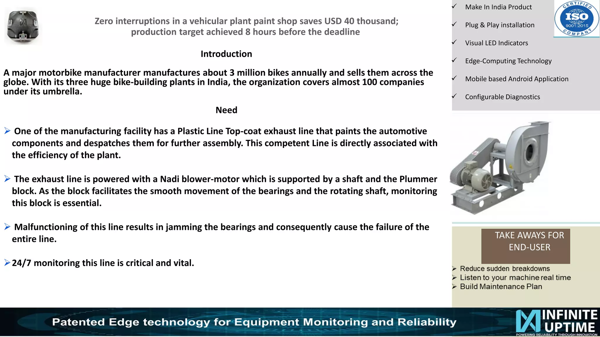 © SKF Group
Zero interruptions in a vehicular plant paint shop saves USD 40 thousand;
production target achieved 8 hours before the deadline
TAKE AWAYS FOR
END-USER
✓ Make In India Product
✓ Plug & Play installation
✓ Visual LED Indicators
✓ Edge-Computing Technology
✓ Mobile based Android Application
✓ Configurable Diagnostics
Introduction
A major motorbike manufacturer manufactures about 3 million bikes annually and sells them across the
globe. With its three huge bike-building plants in India, the organization covers almost 100 companies
under its umbrella.
Need
➢ One of the manufacturing facility has a Plastic Line Top-coat exhaust line that paints the automotive
components and despatches them for further assembly. This competent Line is directly associated with
the efficiency of the plant.
➢ The exhaust line is powered with a Nadi blower-motor which is supported by a shaft and the Plummer
block. As the block facilitates the smooth movement of the bearings and the rotating shaft, monitoring
this block is essential.
➢ Malfunctioning of this line results in jamming the bearings and consequently cause the failure of the
entire line.
➢24/7 monitoring this line is critical and vital.
 