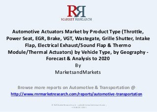 Automotive Actuators Market by Product Type (Throttle,
Power Seat, EGR, Brake, VGT, Wastegate, Grille Shutter, Intake
Flap, Electrical Exhaust/Sound Flap & Thermo
Module/Thermal Actuators) by Vehicle Type, by Geography -
Forecast & Analysis to 2020
By
MarketsandMarkets
Browse more reports on Automotive & Transportation @
http://www.rnrmarketresearch.com/reports/automotive-transportation
© RnRMarketResearch.com ; sales@rnrmarketresearch.com ;
+1 888 391 5441
 