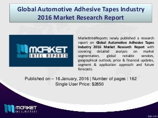 Global Automotive Adhesive Tapes Industry
2016 Market Research Report
Published on – 16 January, 2016 | Number of pages : 162
Single User Price: $2850
MarketIntelReports newly published a research
report on Global Automotive Adhesive Tapes
Industry 2016 Market Research Report with
covering detailed analysis on market
segmentation, global notable vendors,
geographical outlook, price & financial updates,
segment & application approach and future
forecasts.
 