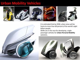 Urban Mobility Vehicles
It is estimated that by 2030, urban areas will be
home to more than 60 percent of the world’s eight
billion people.
OEMs are in the race for developing single-
passenger vehicles for Urban Personal Mobility
solutions.
 