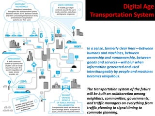 Digital Age
Transportation System
In a sense, formerly clear lines—between
humans and machines, between
ownership and nonownership, between
goods and services—will blur when
information generated and used
interchangeably by people and machines
becomes ubiquitous.
The transportation system of the future
will be built on collaboration among
neighbors, communities, governments,
and traffic managers on everything from
traffic planning to signal timing to
commute planning.
 