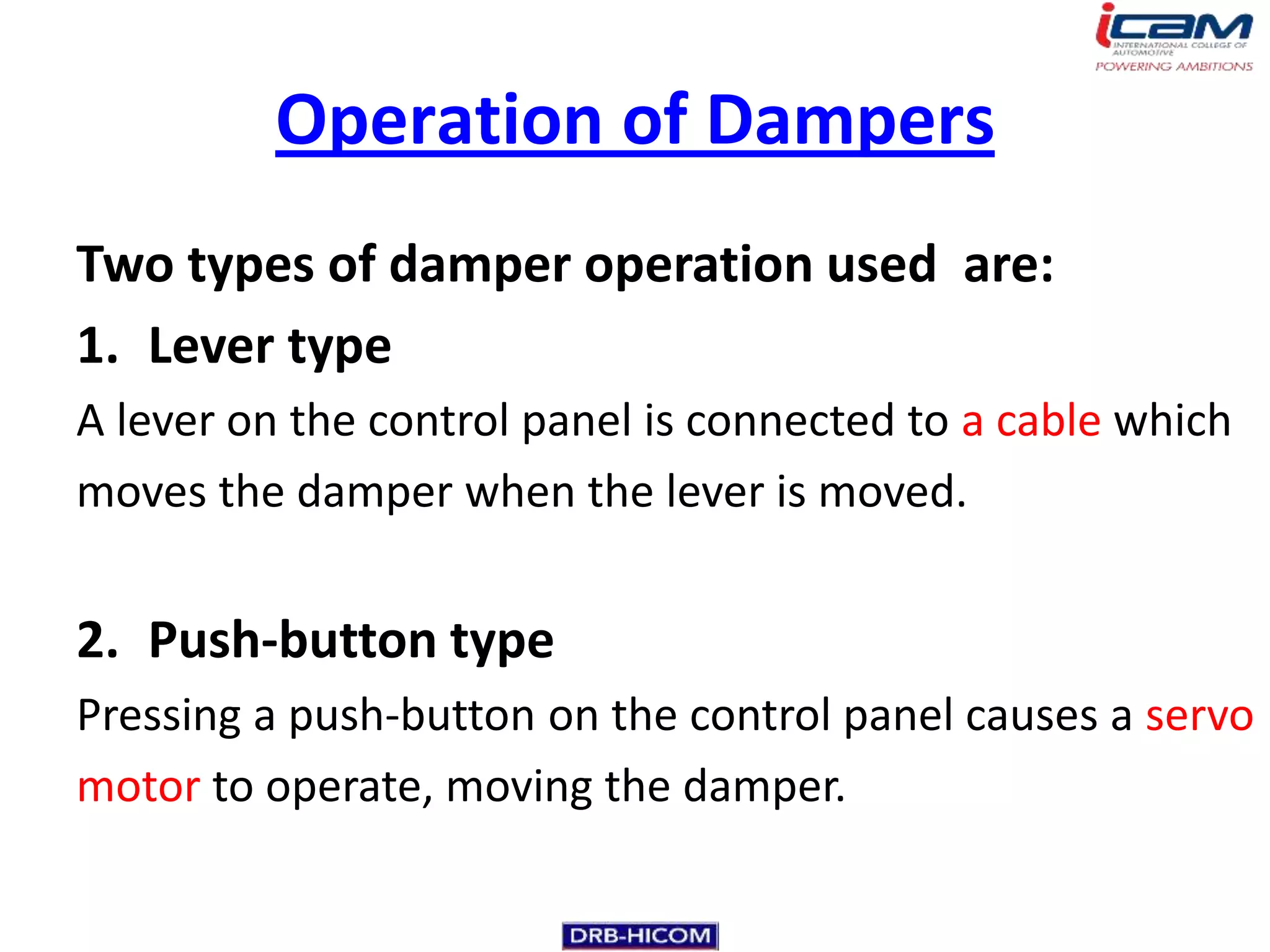 Operation of Dampers
Two types of damper operation used are:
1. Lever type
A lever on the control panel is connected to a cable which
moves the damper when the lever is moved.


2. Push-button type
Pressing a push-button on the control panel causes a servo
motor to operate, moving the damper.
 