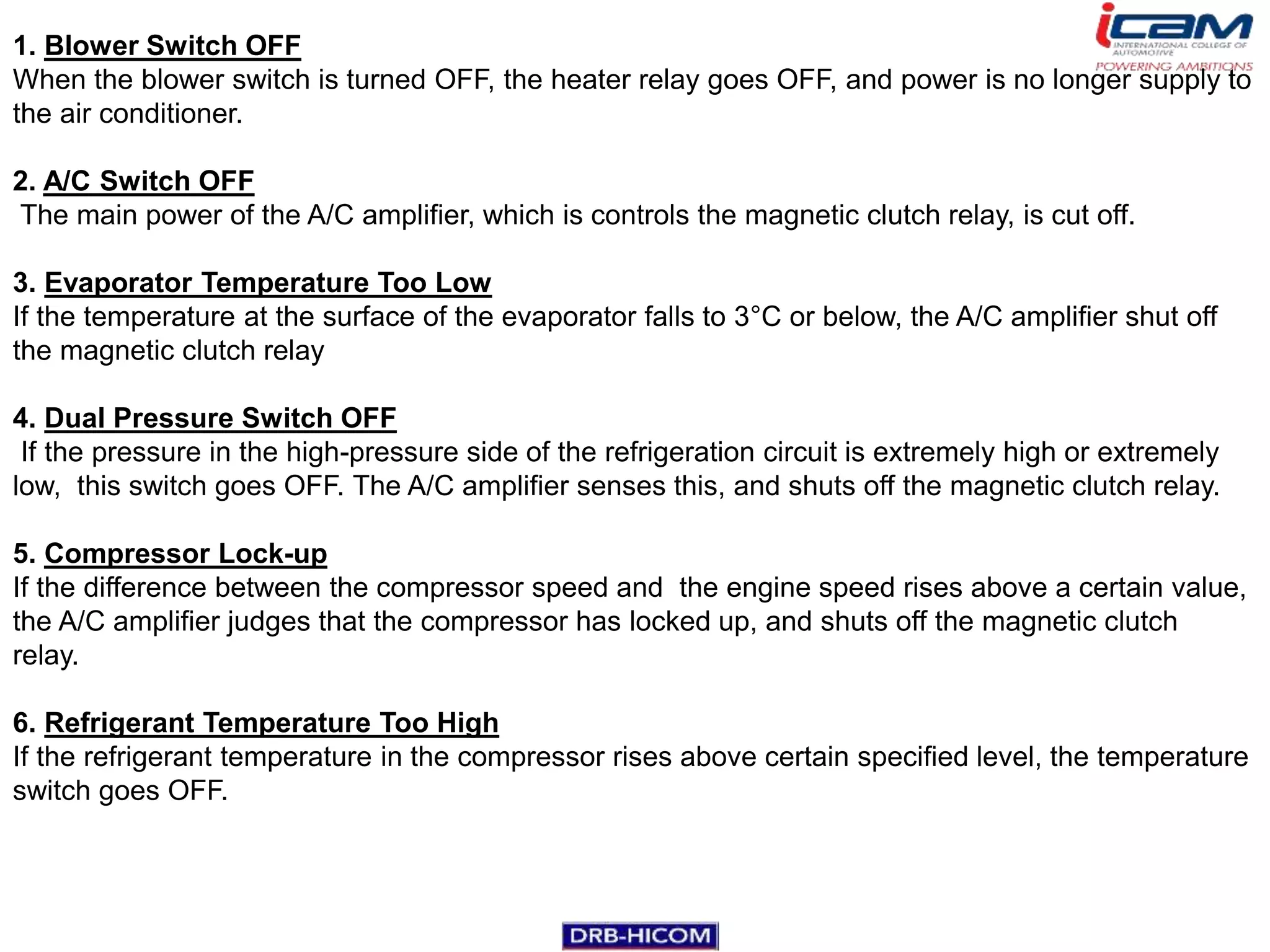 1. Blower Switch OFF
When the blower switch is turned OFF, the heater relay goes OFF, and power is no longer supply to
the air conditioner.

2. A/C Switch OFF
The main power of the A/C amplifier, which is controls the magnetic clutch relay, is cut off.

3. Evaporator Temperature Too Low
If the temperature at the surface of the evaporator falls to 3°C or below, the A/C amplifier shut off
the magnetic clutch relay

4. Dual Pressure Switch OFF
 If the pressure in the high-pressure side of the refrigeration circuit is extremely high or extremely
low, this switch goes OFF. The A/C amplifier senses this, and shuts off the magnetic clutch relay.

5. Compressor Lock-up
If the difference between the compressor speed and the engine speed rises above a certain value,
the A/C amplifier judges that the compressor has locked up, and shuts off the magnetic clutch
relay.

6. Refrigerant Temperature Too High
If the refrigerant temperature in the compressor rises above certain specified level, the temperature
switch goes OFF.
 