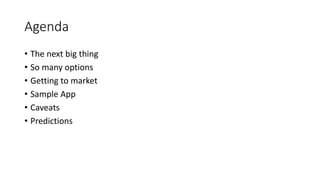 o The next big thing
o So many options
o Getting to market
o Sample Android Auto App
o Caveats
o Predictions
RIIS LLC
Agenda
 
