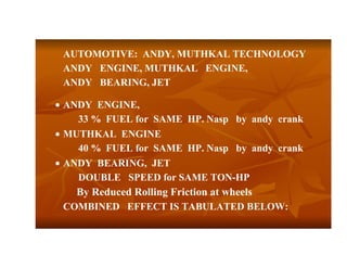 AUTOMOTIVE: ANDY, MUTHKAL TECHNOLOGY
 ANDY ENGINE, MUTHKAL ENGINE,
 ANDY BEARING, JET

• ANDY ENGINE,
    33 % FUEL for SAME HP. Nasp by andy crank
• MUTHKAL ENGINE
    40 % FUEL for SAME HP. Nasp by andy crank
• ANDY BEARING, JET
    DOUBLE SPEED for SAME TON-HP
   By Reduced Rolling Friction at wheels
 COMBINED EFFECT IS TABULATED BELOW:
 