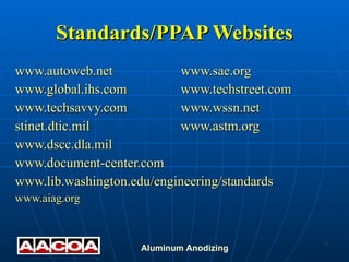 Standards/PPAP Websites www.autoweb.net www.global.ihs.com www.techsavvy.com stinet.dtic.mil www.dscc.dla.mil www.document-center.com www.lib.washington.edu/engineering/standards www.aiag.org www.sae.org www.techstreet.com www.wssn.net www.astm.org 