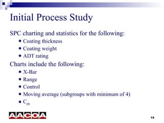 Initial Process Study SPC charting and statistics for the following: Coating thickness Coating weight ADT rating Charts include the following: X-Bar Range Control Moving average (subgroups with minimum of 4) C pk 