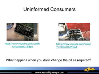 Uninformed Consumers
https://www.youtube.com/watch
?v=MWdmD1jF8aw
https://www.youtube.com/watch
?v=IOooYBJWBa4
What happens when you don’t change the oil as required?
 