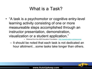 What is a Task?
• “A task is a psychomotor or cognitive entry-level
learning activity consisting of one or more
measureable steps accomplished through an
instructor presentation, demonstration,
visualization or a student application.”
» Obtained from the ASE Education Foundation - http://aseeducation.org/resources
– It should be noted that each task is not dedicated an
hour allotment…some tasks take longer than others.
 
