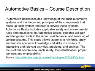 Automotive Basics – Course Description
“Automotive Basics includes knowledge of the basic automotive
systems and the theory and principles of the components that
make up each system and how to service these systems.
Automotive Basics includes applicable safety and environmental
rules and regulations. In Automotive Basics, students will gain
knowledge and skills in the repair, maintenance, and servicing of
vehicle systems. This study allows students to reinforce, apply,
and transfer academic knowledge and skills to a variety of
interesting and relevant activities, problems, and settings. The
focus of this course is to teach safety, tool identification, proper
tool use, and employability.”
Source: http://ritter.tea.state.tx.us/rules/tac/chapter130/ch130p.html
 