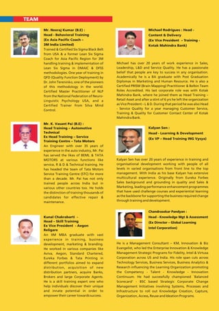 Mr. Neeraj Kumar (B.E) :
Head - Behavioral Training
(Ex Asia Pacific Coach –
3M India Limited)
Trained & Certified Six Sigma Black Belt
from USA & a former Lean Six Sigma
Coach for Asia Pacific Region for 3M
handling training & implementation of
Lean Six Sigma in DMAIC & DFSS
methodologies. One year of training in
QFD (Quality Function Deployment) by
Dr. John Tereninko, one of the pioneers
of this methodology in the world.
Certified Master Practitioner of NLP
from the National Federation of Neuro-
Linguistic Psychology USA, and a
Certified Trainer from Silva Mind
Control.
TEAM
Kalyan Sen :
Head - Learning & Development
(Ex VP – Head Training ING Vysya)
Michael Rodrigues : Head -
Content & Delivery
(Ex Vice President – Training -
Kotak Mahindra Bank)
Mr. K. Vasant Pai (B.E) :
Head Training – Automotive
Technical
Ex Head Training – Service
Training Centre – Tata Motors
An Engineer with over 35 years of
experience in the auto industry, Mr. Pai
has served the likes of BEML & TATA
MOTORS at various functions like
service, R & D & Technical training. He
has headed the team of Tata Motors
Service Training Centre (STC) for more
than a decade. Mr. Pai has not only
trained people across India but in
various other countries too. He holds
the distinction of training thousands of
candidates for effective repair &
maintenance.
Kunal Chakrabarti -
Head – Skill Training
Ex Vice President - Aegon
Religare
An IIM MBA graduate with vast
experience in training, business
development, marketing & branding.
He worked in various companies like
Aviva, Aegon, Standard Chartered,
Eureka Forbes & Tata Printing in
different portfolios aimed to expand
distribution, acquisition of new
distribution partners, acquire Banks,
Brokers and large Corporate Agents.
He is a skill training expert one who
help individuals discover their unique
and innate potential in order to
empower their career towards success.
Michael has over 20 years of work experience in Sales,
Leadership, L&D and Service Quality. He has a passionate
belief that people are key to success in any organisation.
Academically he is a BA graduate with Post Graduation
Diplomas in Marketing and Human Resource. He is also a
Certified PRISM (Brain Mapping) Practitioner & Belbin Team
Roles Accredited. His last corporate role was with Kotak
Mahindra Bank, where he joined them as Head Training –
Retail Asset and after a stint of 6 yrs he left the organization
as Vice President – L & D. During that period he was also Head
- Service Quality for a year managing Customer Service,
Training & Quality for Customer Contact Center of Kotak
Mahindra Bank.
Kalyan Sen has over 20 years of experience in training and
organisational development working with people of all
levels in varied organisations from front line to the top
management. With India as his base Kalyan has extensive
multicultural experience. Originally from Eureka Forbes
Sales background and grounding in quality and Sales &
Marketing, leading performance enhancement programmes
that have used challenge courses and experiential learning
as the backbone for supporting the business required change
through training and development.
Chandrasekar Pandyan :
Head - Knowledge Mgt & Assessment
(Ex Director – Global Learning
Intel Corporation)
He is a Management Consultant – KM, Innovation & Biz
Evangelist, who led the Enterprise Innovation & Knowledge
Management Strategic Programs for Fidelity, Intel & Virtusa
Corporation across US and India. His role span cuts across
Technology Services, Business Services, Business Analytics &
Research influencing the Learning Organization promoting
the Competency - Talent - Knowledge - Innovation
Continuum. He had successfully championed `Balanced
Scorecard' - BSC based Strategic Corporate Change
Management Initiatives involving Systems, Processes and
Infrastructure to roll out Knowledge Creation, Capture,
Organization, Access, Reuse and Ideation Programs.
 