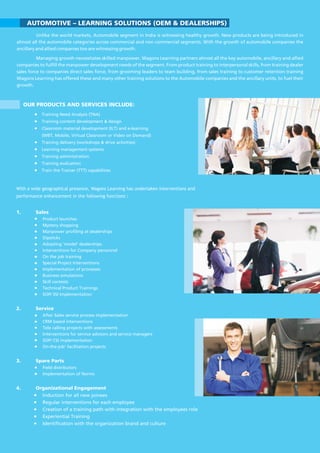 Unlike the world markets, Automobile segment in India is witnessing healthy growth. New products are being introduced in
almost all the automobile categories across commercial and non commercial segments. With the growth of automobile companies the
ancillary and allied companies too are witnessing growth.
Managing growth necessitates skilled manpower. Wagons Learning partners almost all the key automobile, ancillary and allied
companies to fulfill the manpower development needs of the segment. From product training to interpersonal skills, from training dealer
sales force to companies direct sales force, from grooming leaders to team building, from sales training to customer retention training
Wagons Learning has offered these and many other training solutions to the Automobile companies and the ancillary units, to fuel their
growth.
AUTOMOTIVE – LEARNING SOLUTIONS (OEM & DEALERSHIPS)
OUR PRODUCTS AND SERVICES INCLUDE:
Training Need Analysis (TNA)
Training content development & design
Classroom material development (ILT) and e-learning
(WBT, Mobile, Virtual Classroom or Video on Demand)
Training delivery (workshops & drive activities)
Learning management systems
Training administration
Training evaluation
Train the Trainer (TTT) capabilities
With a wide geographical presence, Wagons Learning has undertaken interventions and
performance enhancement in the following functions :
1. Sales
Product launches
Mystery shopping
Manpower profiling at dealerships
Dipsticks
Adopting 'model' dealerships
Interventions for Company personnel
On the job training
Special Project Interventions
Implementation of processes
Business simulations
Skill contests
Technical Product Trainings
SOP/ SSI Implementation
2. Service
After Sales service process implementation
CRM based interventions
Tele calling projects with assessments
Interventions for service advisors and service managers
SOP/ CSI implementation
On-the-job' facilitation projects
3. Spare Parts
Field distributors
Implementation of Norms
4. Organizational Engagement
Induction for all new joinees
Regular interventions for each employee
Creation of a training path with integration with the employees role
Experiential Training
Identification with the organization brand and culture
 